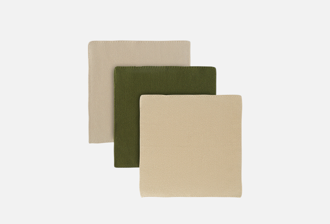 Изображение товара Набор из трех вязаных салфеток для уборки и мытья посуды Tkano Essential, бежевый, оливковый, 28х28
