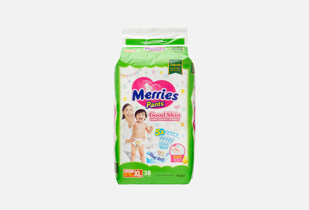 

Подгузники-трусики для детей MERRIES, Good Skin, XL 12-19 kg 38 шт