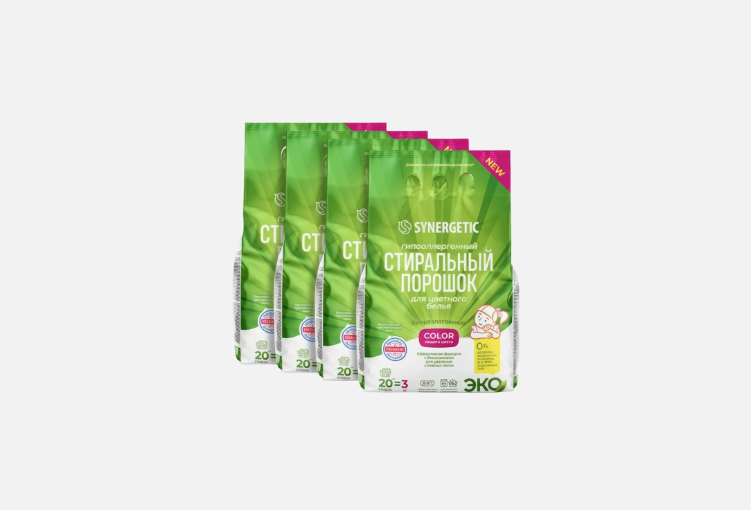 Изображение товара Набор стиральных порошков Synergetic color 4х3 кг биоразлагаемый для цветного белья