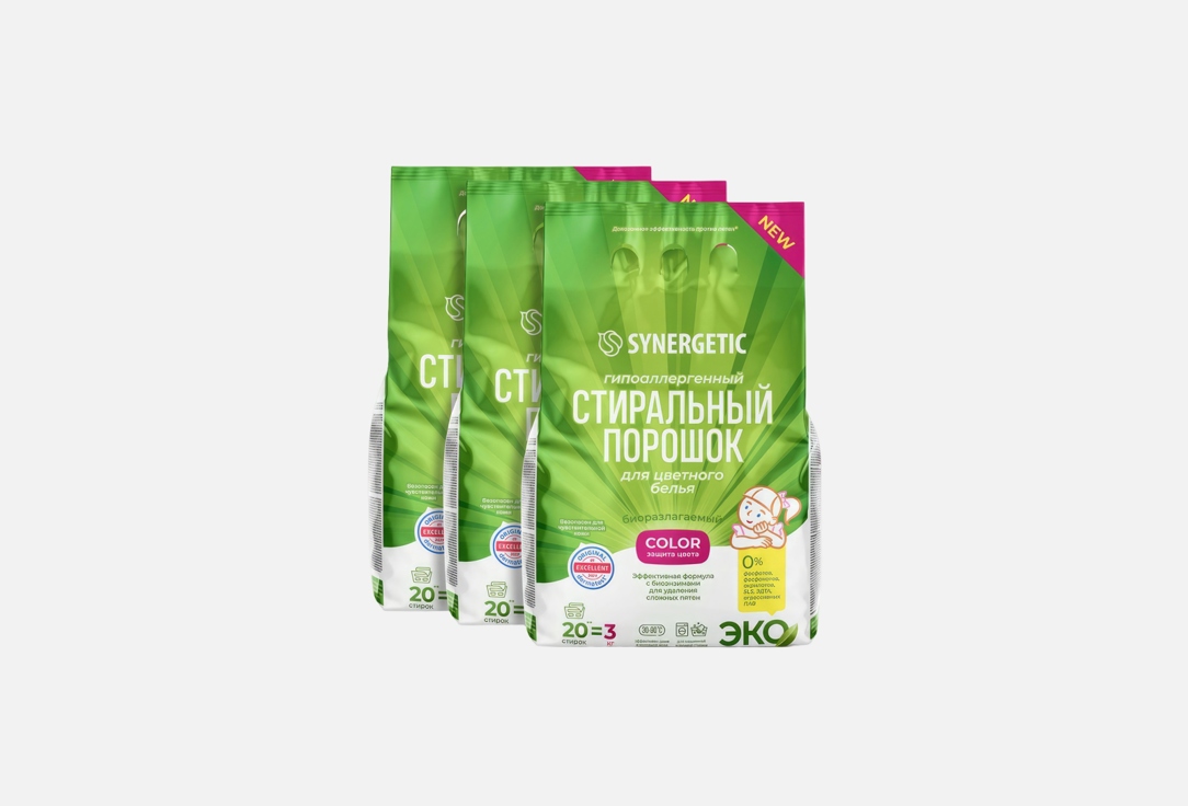 Изображение товара Биоразлагаемый стиральный порошок Synergetic Color для цветного белья 3x3 кг