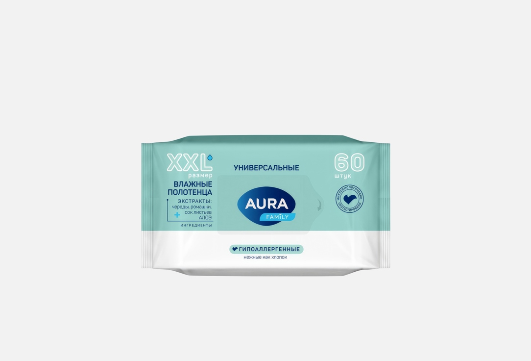 Изображение товара Влажные полотенца Aura Универсальные для всей семьи, гипоаллергенные, 99 рублей
