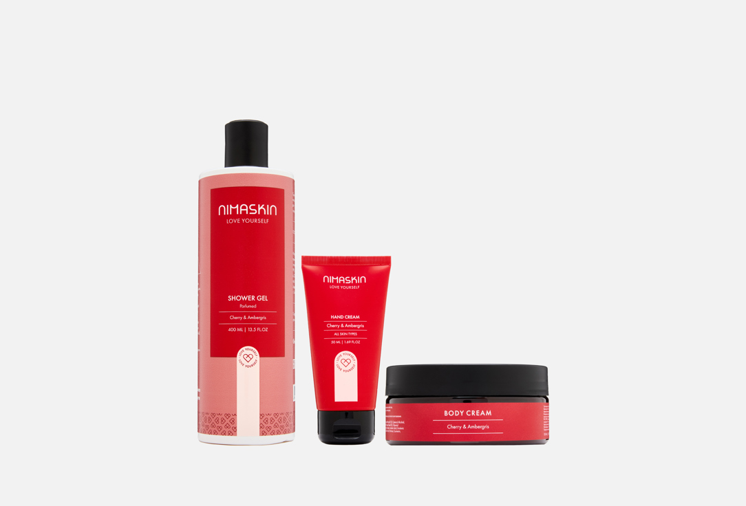 Изображение товара Подарочный набор для тела Nimaskin Cherry and Amber 3 в 1 гель крем для рук и тела