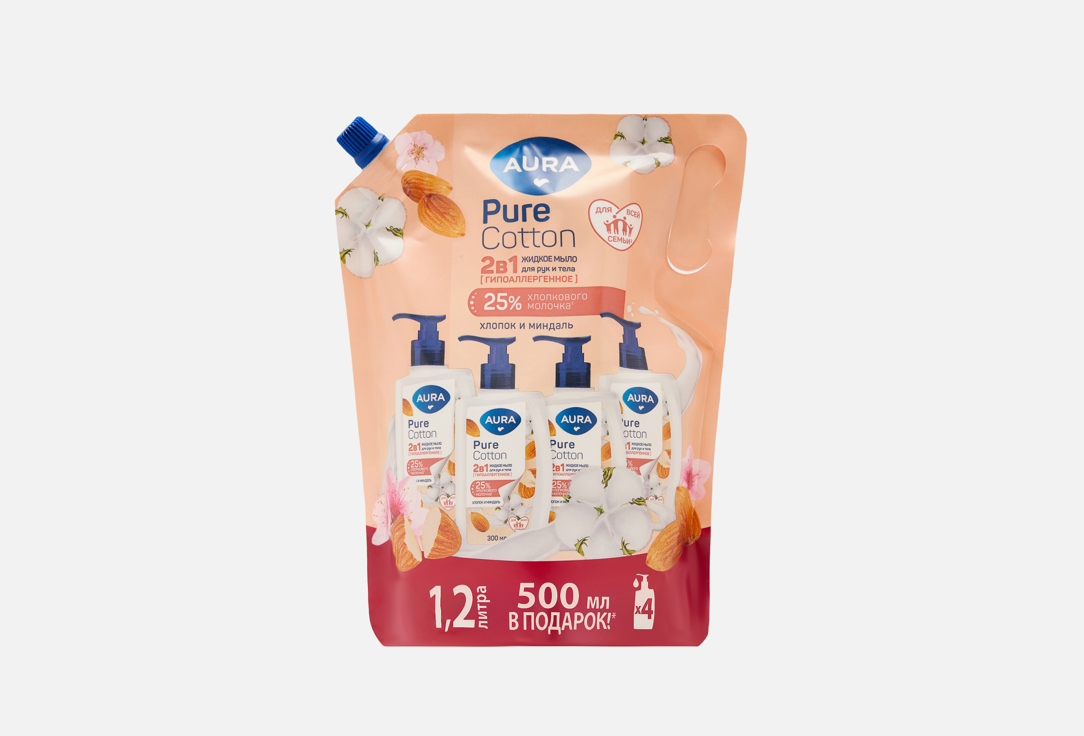 Изображение товара Жидкое мыло для рук и тела Aura Almonds and Cotton Milk 1200 мл натуральное увлажнение для всей сем