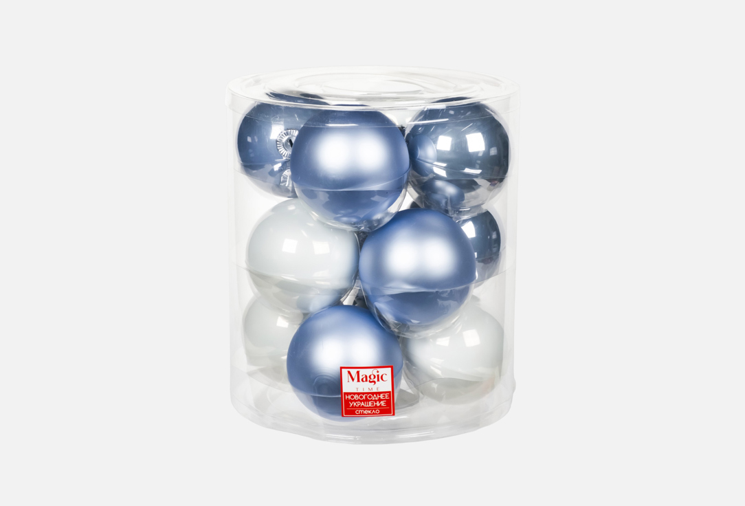 Изображение товара Набор новогодних стеклянных украшений 12 штук в серебристо-голубых оттенках Magic Time