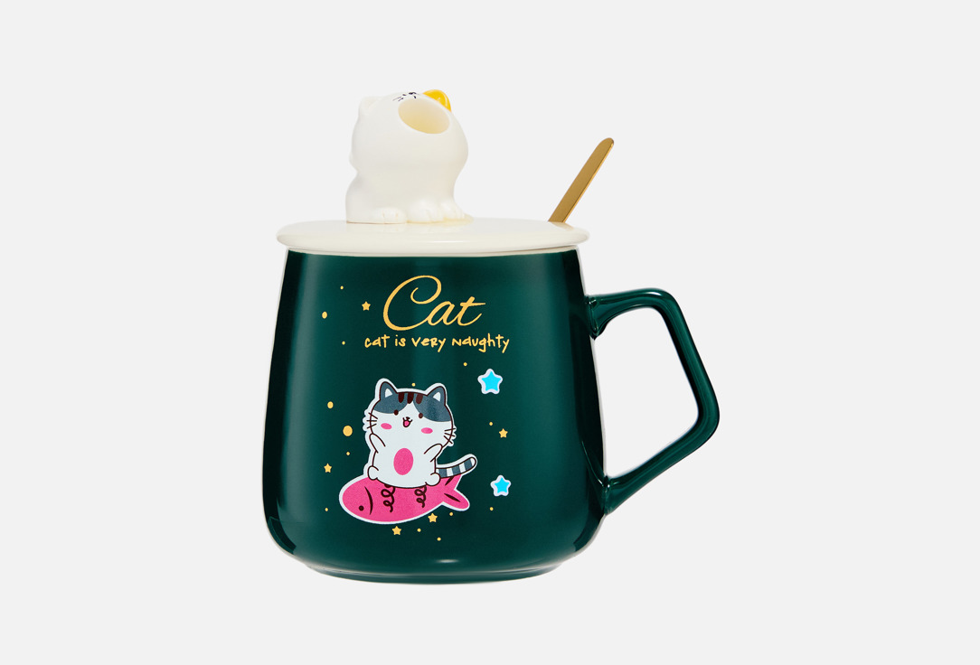 

Кружка с крышкой и ложкой TOPGIFT, Принт, Cat 2 шт