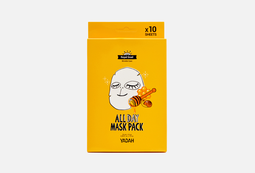 увлажняющие маски на тканевой основе с экстрактом мёда yadah moisturizing mask pack 10ea 10 шт Маски на тканевой основе с муцином улитки и экстрактом мёда YADAH ALL DAY MASK PACK-ROYAL SNAIL 10 шт