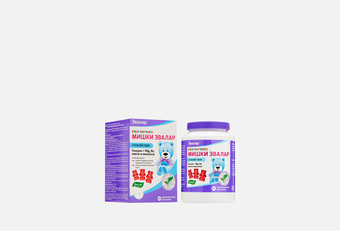 

Жевательные пастилки с магнием, В6, мятой и мелиссой ЭВАЛАР, Бэби Формула Мишки Спокойствие 60 шт