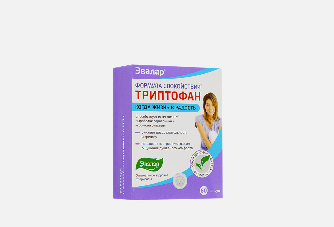 

Комплекс витаминов для поддержания спокойствия ЭВАЛАР, Формула Спокойствия Триптофан 1000 мг ( L-триптофан, В5, В6) 60 шт