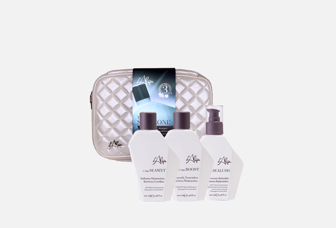 Дорожный набор "Термозащита волос с сывороткой" в белой стеганой косметичке L'Alga Seazone Beauty Bag 