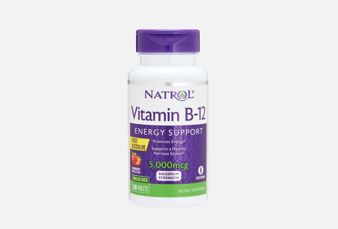 Витамин B12 NATROL Energy support 5000 мкг в таблетках 100 шт бад для здорового сна natrol melatonin 3mg витамин в6 кальций в таблетках 240 шт