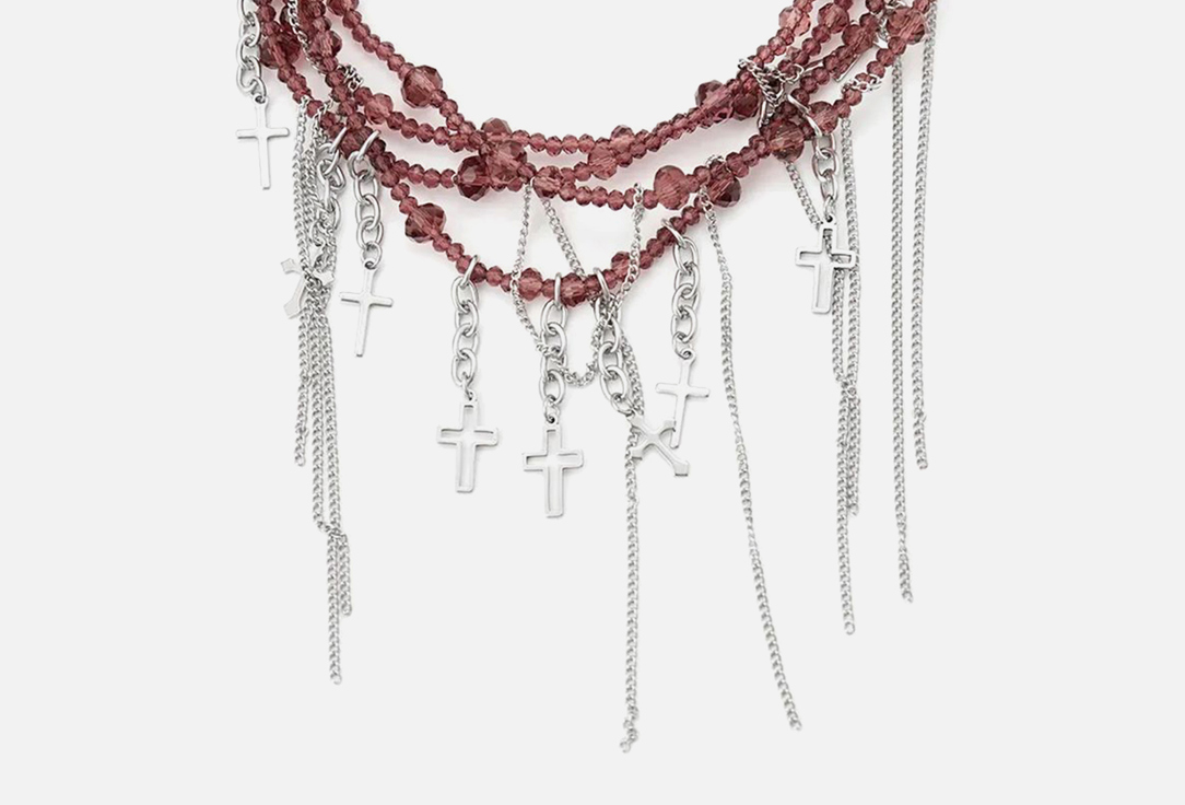 Изображение товара Многослойное колье PABUR RED CROSSES с крестами и бусинами бордового цвета