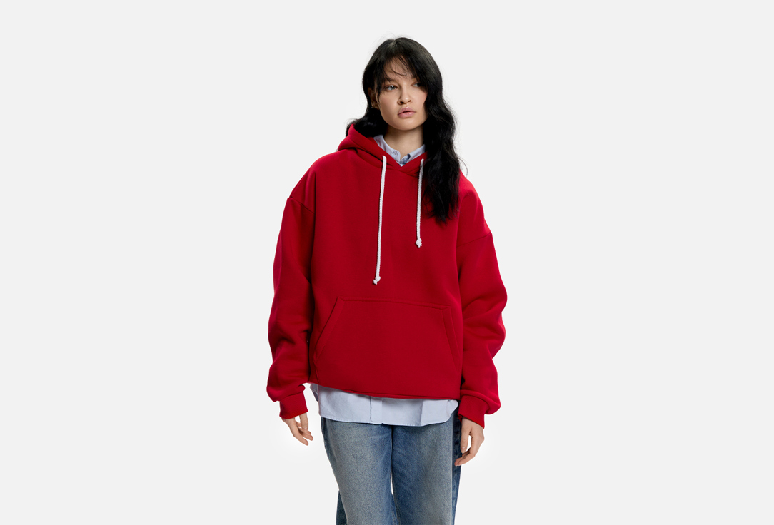 Изображение товара Худи оверсайз красного цвета с заниженным рукавом и карманами для мужчин и женщин