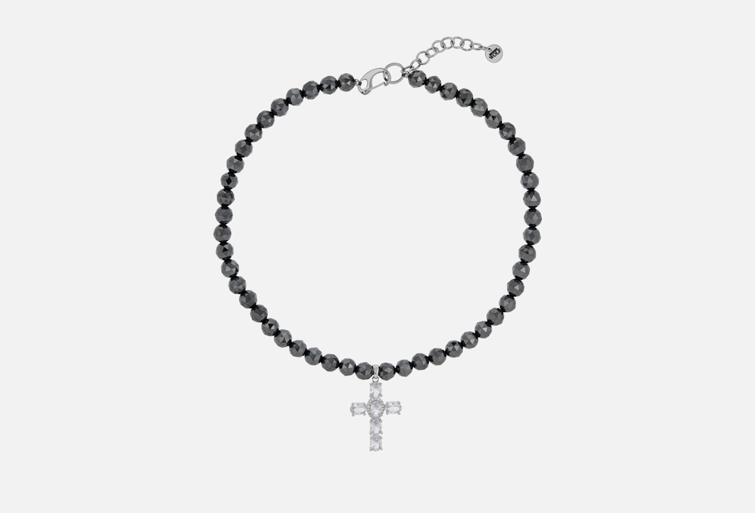 Изображение товара Колье из гематита с фианитами и крестом 40+5 см нержавеющая сталь