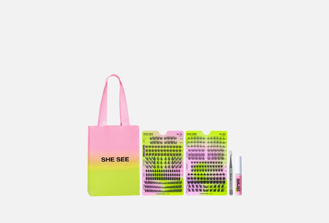 Изображение товара Набор накладных ресниц пучки SHE SEE mix2 с клеем и пинцетом большой комплект