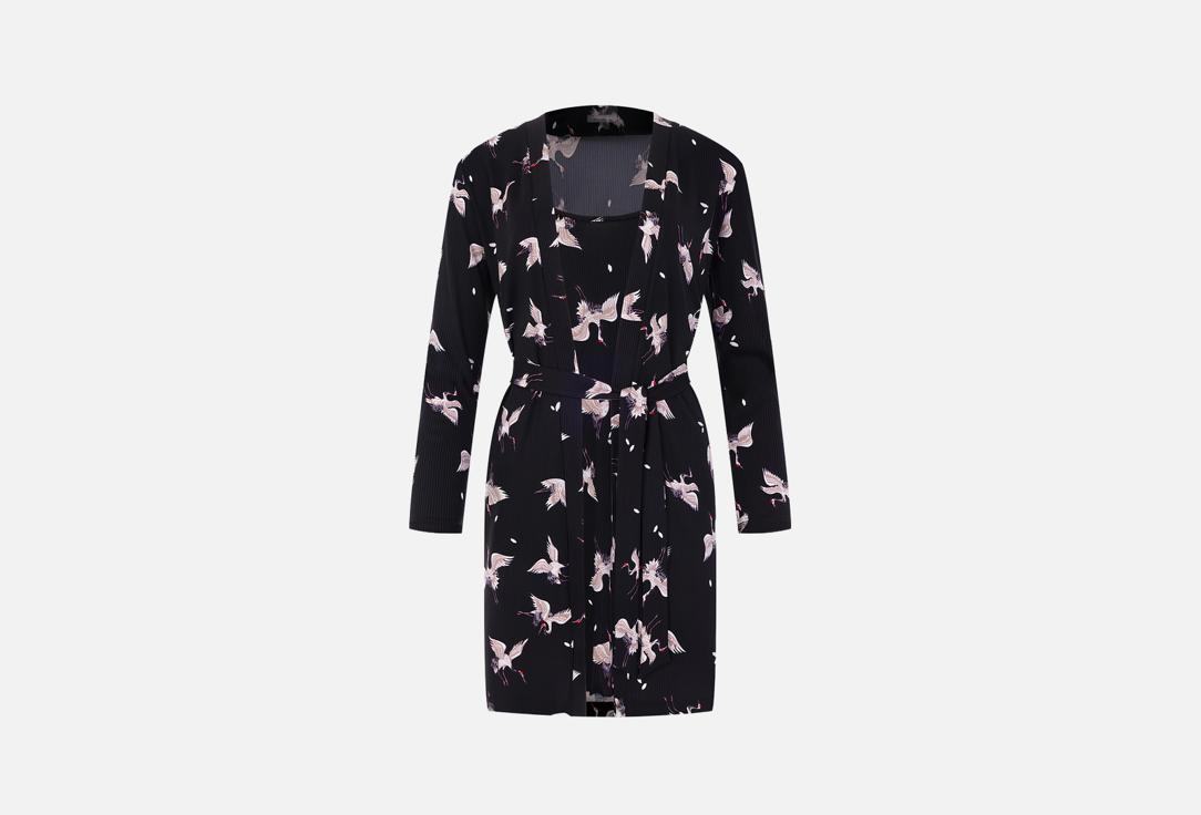 Изображение товара Женская пижама с сорочкой и халатом Mimi Brand black cranes