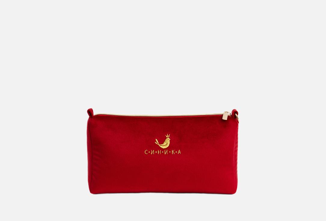 Изображение товара Косметичка Синика средняя красная из бархата с вышивкой и молнией