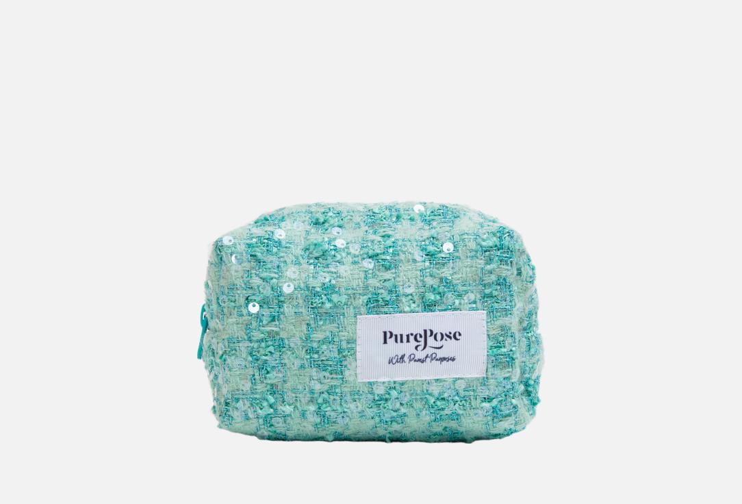 Изображение товара Косметичка PurePose Pistachio женская элегантная ткань атлас и твид 7х7х12 см