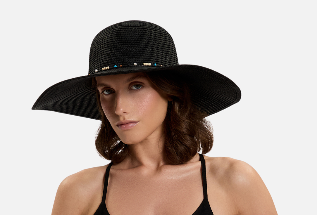 Изображение товара Женская пляжная шляпа WOW Miami черная с широкими полями и бусинами
