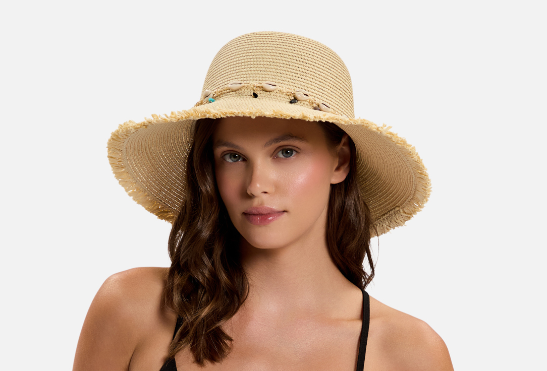 Изображение товара Женская пляжная шляпа WOW Miami кремовая с ракушками и регулируемой тесьмой