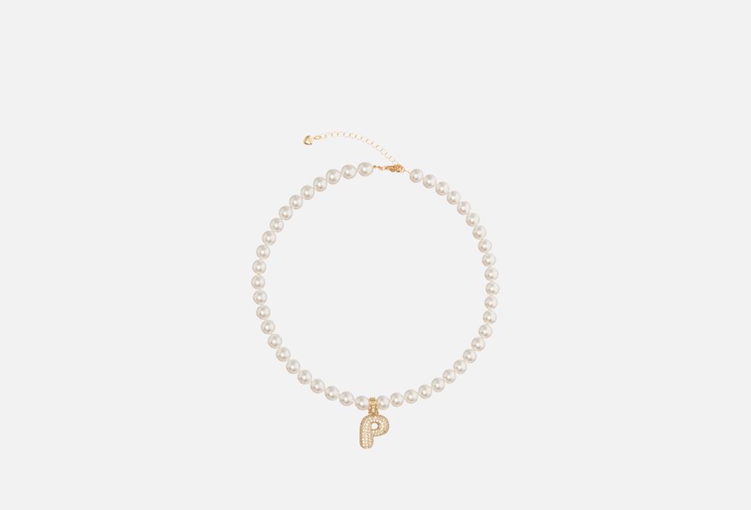 Изображение товара Золотистое колье из жемчуга-майорки и цирконов с буквой P для женщин