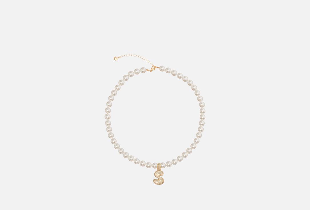 Изображение товара Колье из ювелирного сплава с жемчугом и цирконами буква S длина 37-43 см