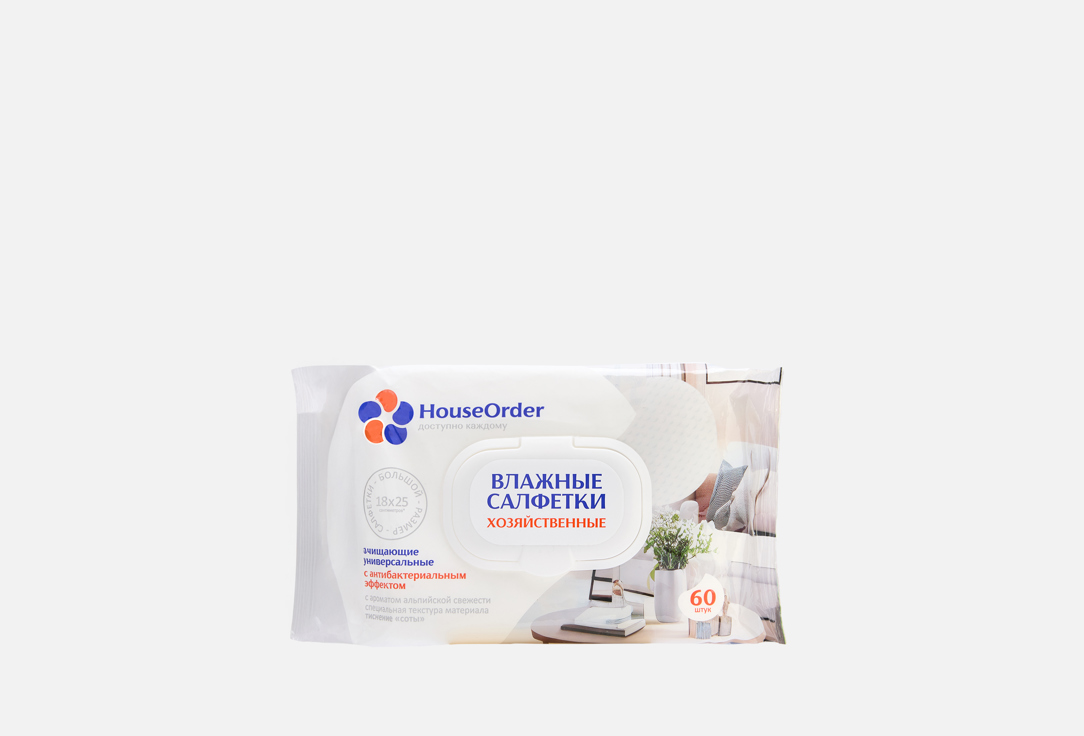 Изображение товара Влажные антибактериальные салфетки HouseOrder 60 шт 25x18 см с ароматом цитруса
