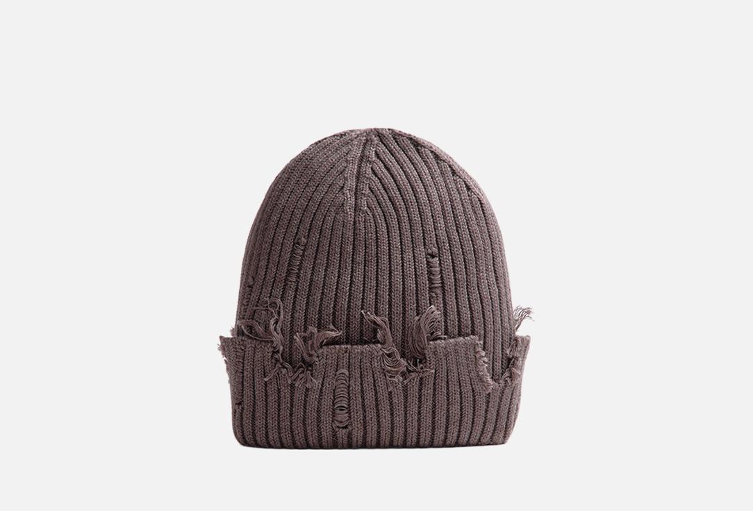 Изображение товара Шапка-бини Befree темно-серая вязаная с рваным декором для женщин