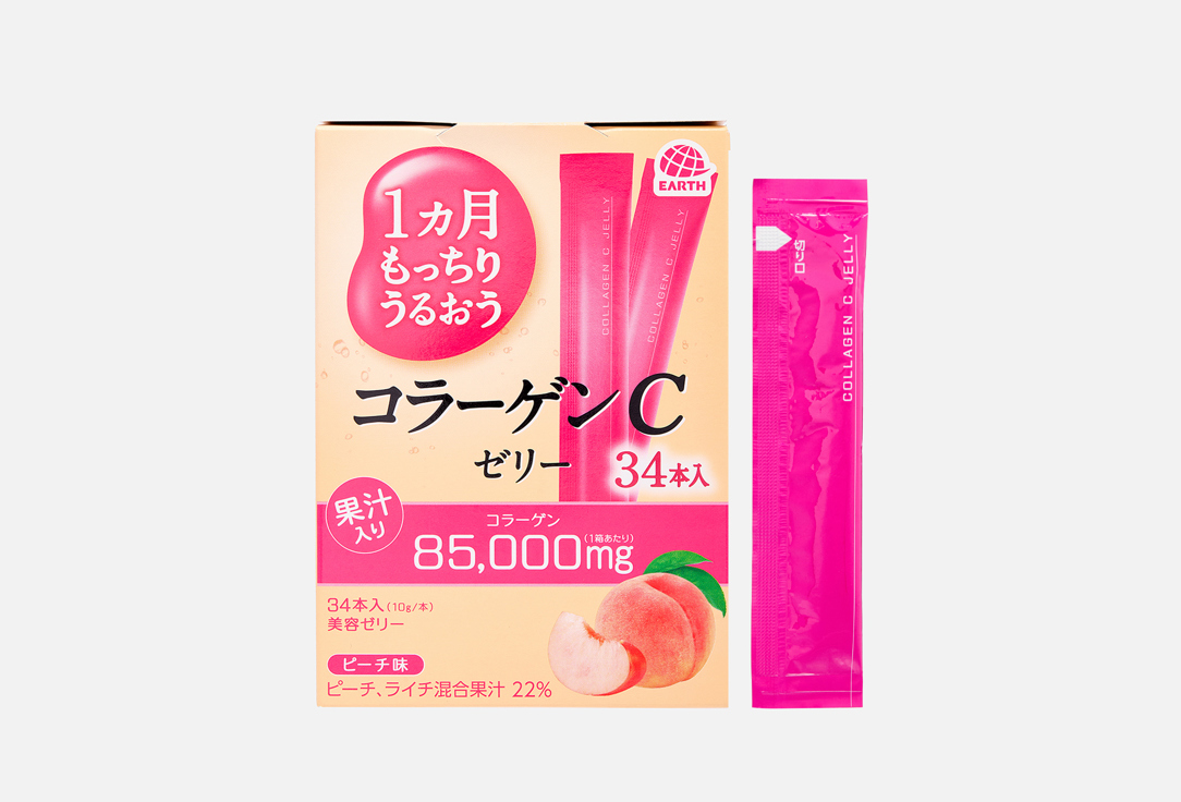 Изображение товара Биодобавка коллаген и витамин С Earth желе со вкусом персика 10 г 30 стиков