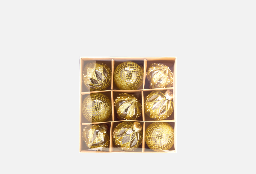 Изображение товара Набор шаров Золотая геометрия 9 шт пластиковых с глиттером для елки