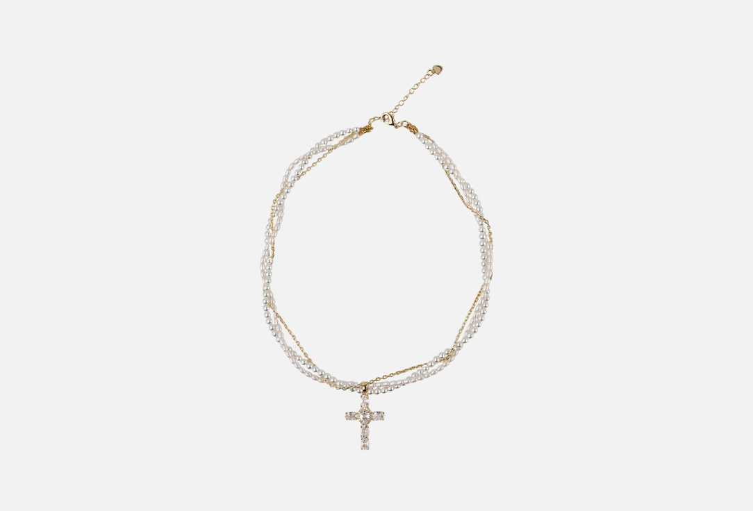 Изображение товара Трехрядное колье с крестом из жемчуга Майорка и позолоты 19.stone