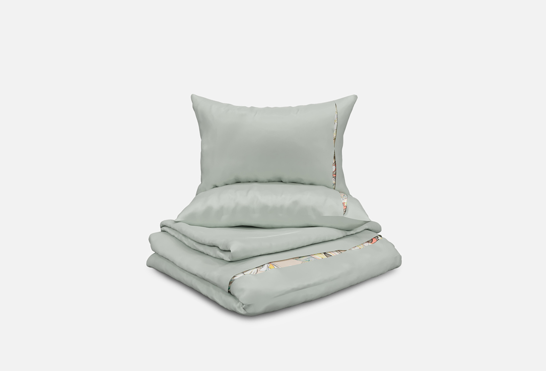 Изображение товара Комплект постельного белья Mollen с бантовой складкой, мята и белые лотосы, Евро