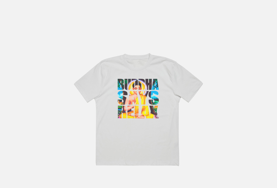 Изображение товара Белая оверсайз футболка с принтом Будды Buddha says relax стиль y2k