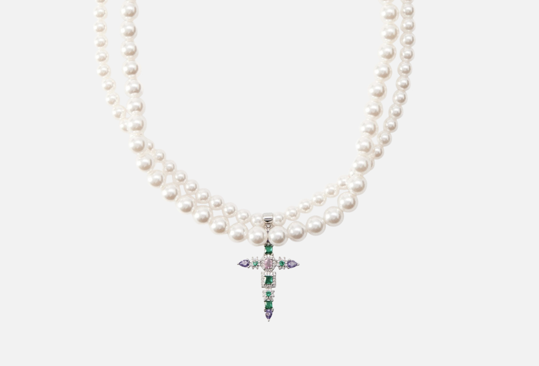 Изображение товара Колье из жемчуга Майорка и нержавеющей стали двойное с крестом 40 см