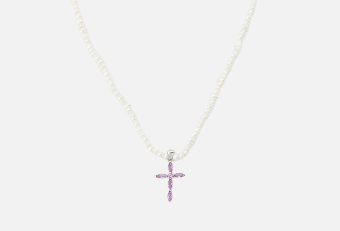 Изображение товара Колье из натурального жемчуга с крестом и нержавеющей сталью 35 см