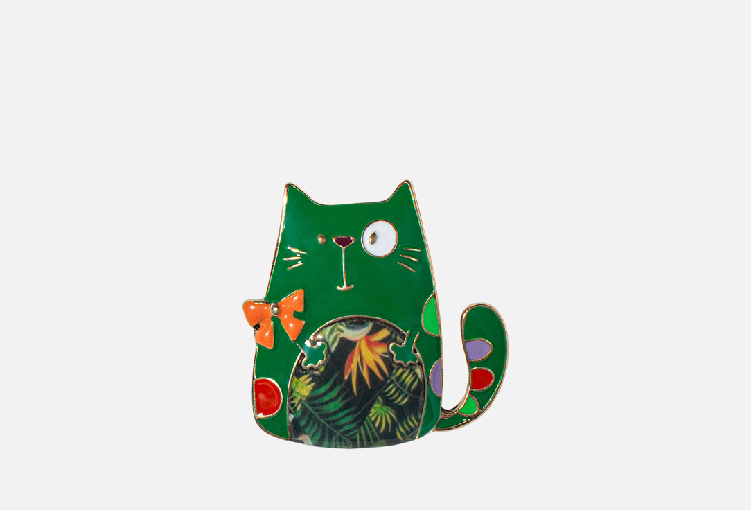 Изображение товара Брошь Shadore Кот зеленый с бантом из холодной эмаль, магнитная застежка, для женщин