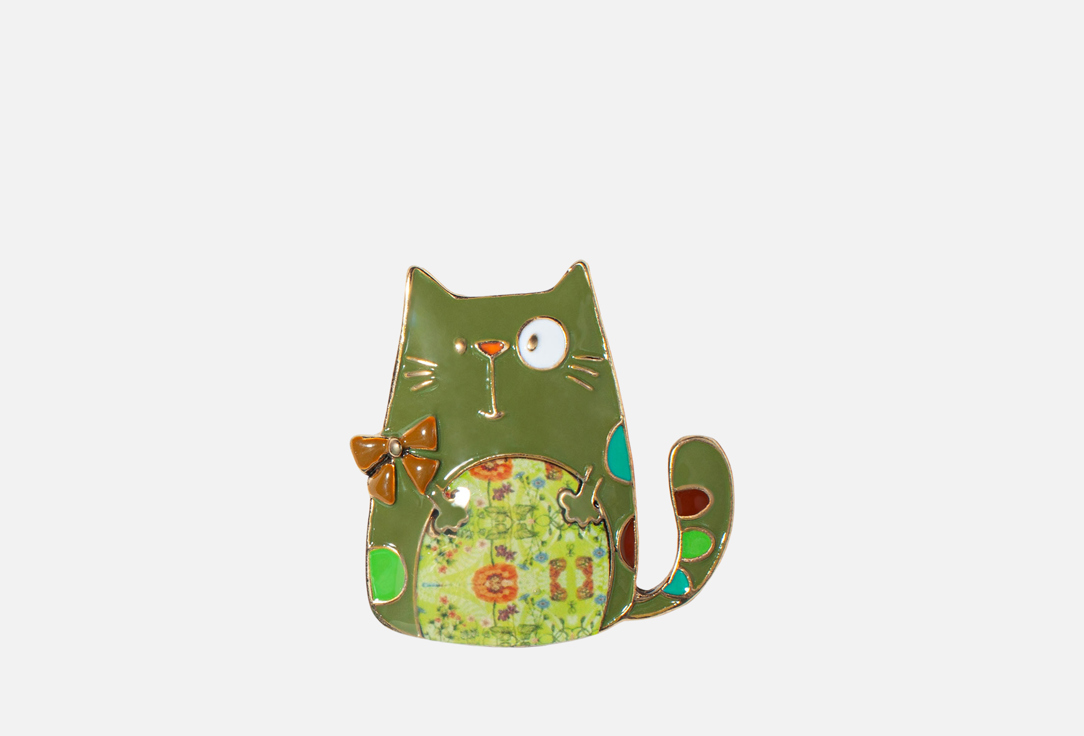 Изображение товара Брошь Shadore Кот хаки с бантом магнитная застежка эмаль